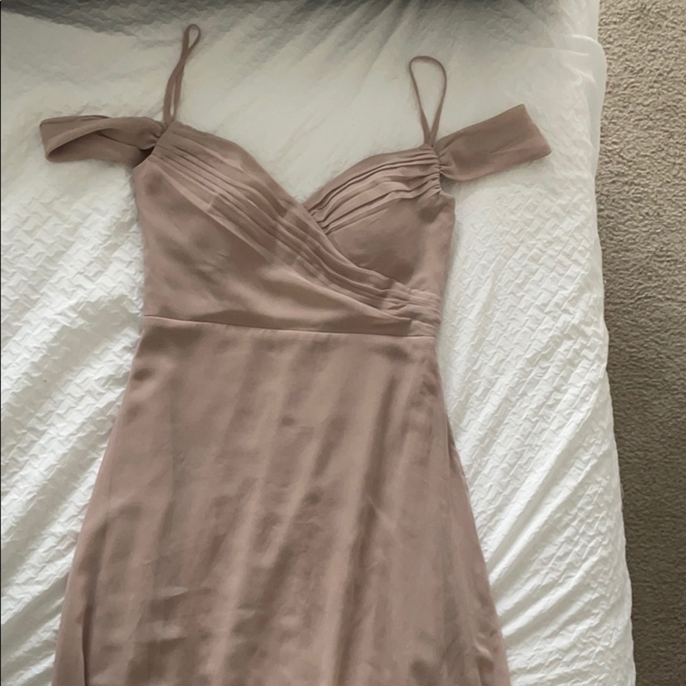 Off shoulder taupe bridesmaid dress